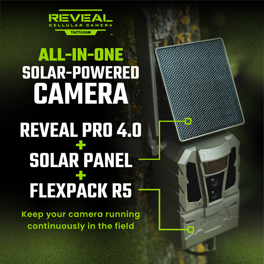 REVEAL Pro 4.0 Solar: all-in-one solar-powered camera with Pro 4.0, solar panel and FlexPack R5