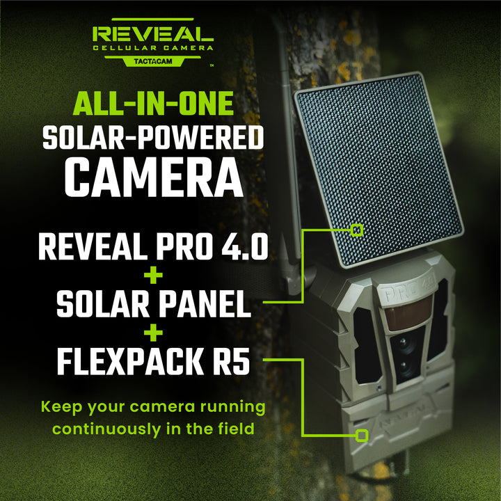REVEAL Pro 4.0 Solar: all-in-one solar-powered camera with Pro 4.0, solar panel and FlexPack R5