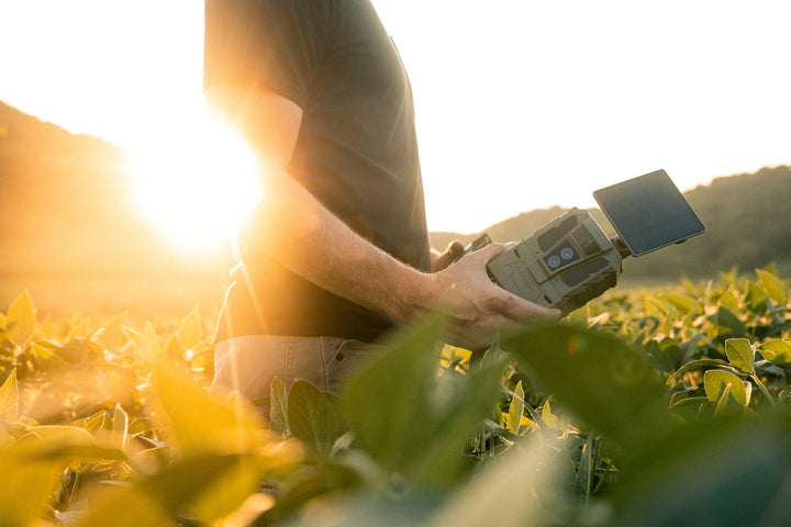 Hunter carrying the REVEAL Pro 4.0 Solar through a field at sunset